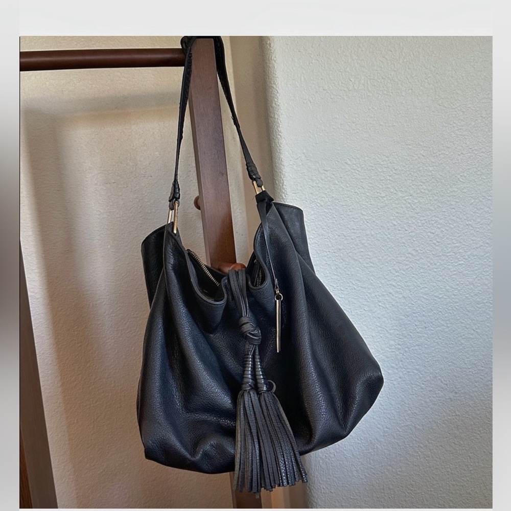 Vince Camuto Black Pebbled Leather Tassel Shoulder Bag | Soft Slouchy Luxe